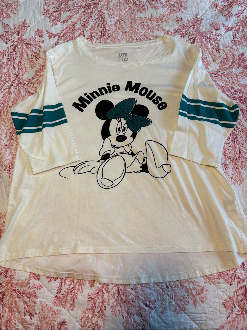 Uniqlo UT Minnie Mouse White Tee with Teal Stripes